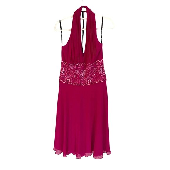 Tadashi Shoji Collection Pink Silk Halter Dress Beaded Sequin Lace Lined Fuchsia - Picture 1 of 6